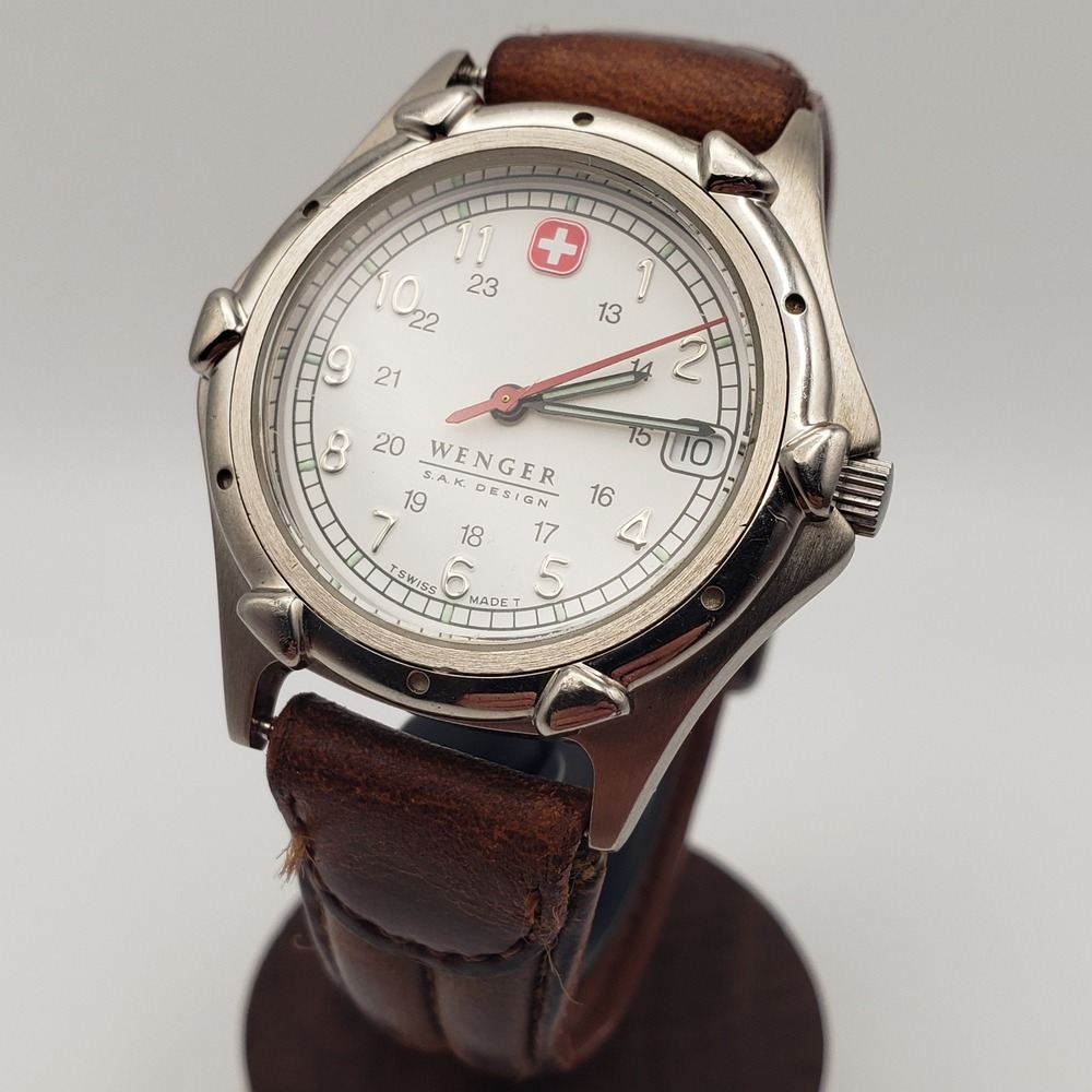 Wenger Wristwatch Mens Brown Leather White Dial S.A.K. Design 100M Date Watch